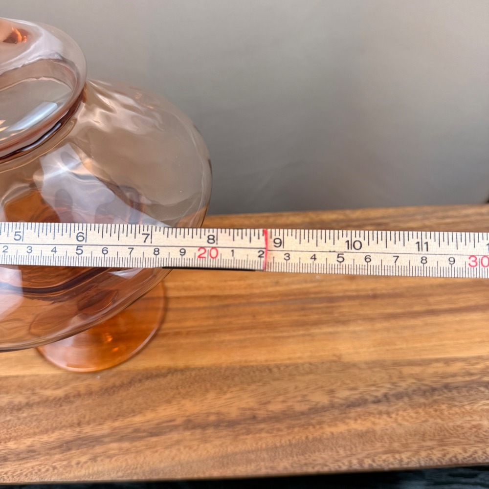 Vintage Peach Empoli Glass Apothecary Jar Pedestal Candy Dish with Lid Italy 10" - Picture 9 of 9